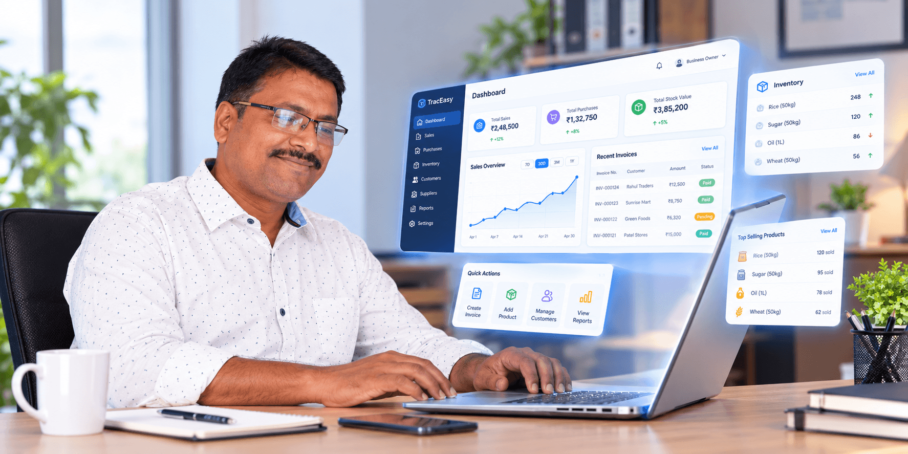 A business owner managing sales, invoices and inventory on the TracEasy dashboard